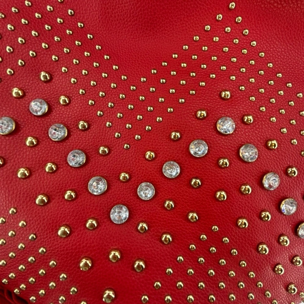 LaTique Red Studded Fringe Hobo Bag Vegan Leather Boho Western Festival Cowgirl - Picture 7 of 13